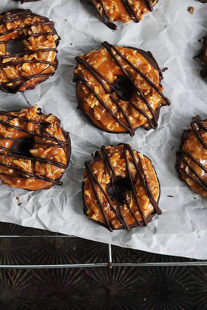 top view of homemade Samoas on a cooling rack.