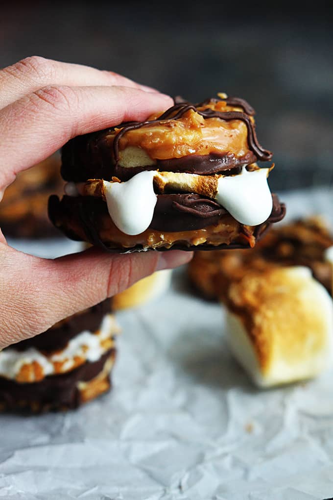 a hand holding a Samoa s'more with more s'mores, marshmallows and Samoa cookies in the background.