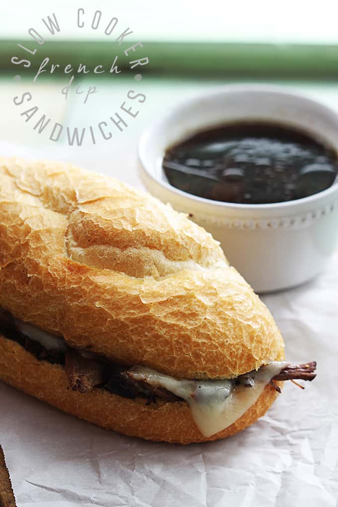 a slow cooker French dip sandwich next to a bowl of French dip with the title of the recipe written on the top left corner of the image.