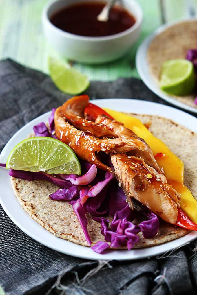 close up of a Thai salmon taco on a plate with sauce in the background.