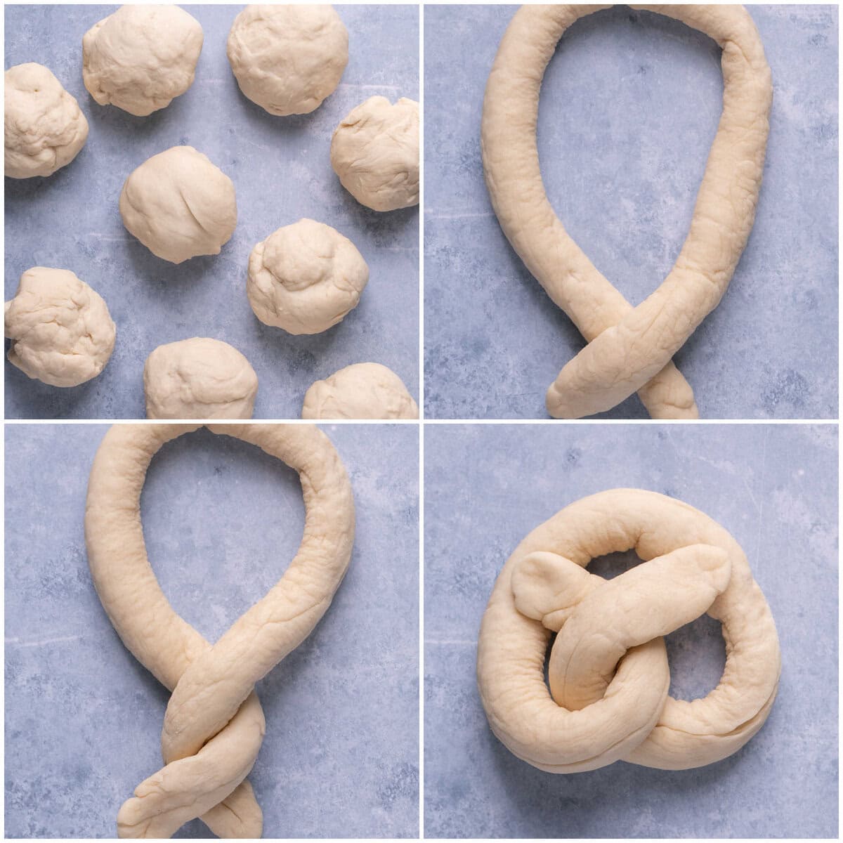 Four steps showing how to shape dough into a classic bavarian pretzel shape.