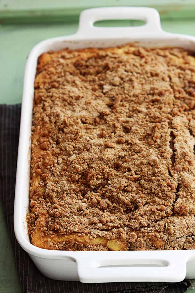 top view of cake mix sour cream coffee cake in a tray.