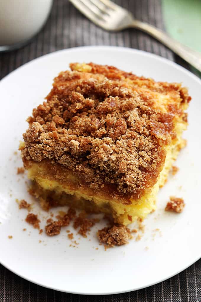 top view of a piece of cake mix sour cream coffee cake on a plate.