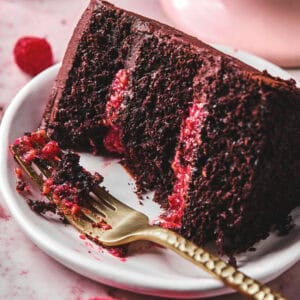 fork and partially eaten chocolate raspberry cake slice on plate.