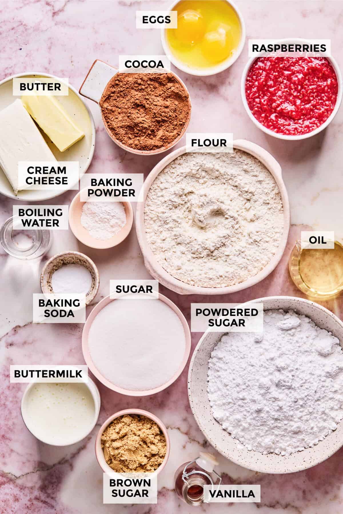 ingredients for chocolate cake with raspberry filling.