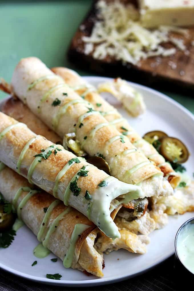 slow cooker jalapeño popper chicken taquitos on a plate with the top taquito having a bite taken out of it.