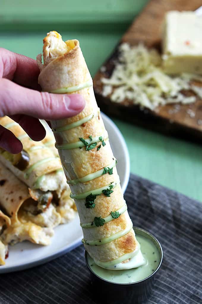 a hand dipping a slow cooker jalapeño popper chicken taquito in sauce.