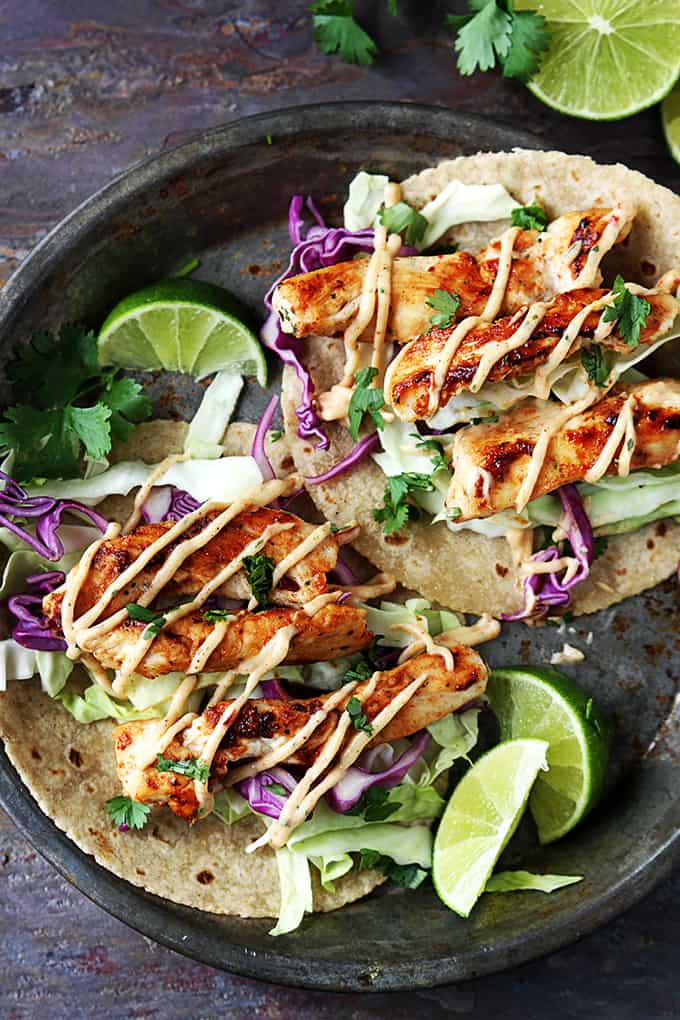 top view of Jamaican jerk chicken tacos on a plate.