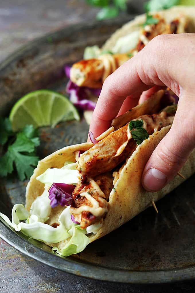a hand picking up a Jamaican jerk chicken taco from a plate.