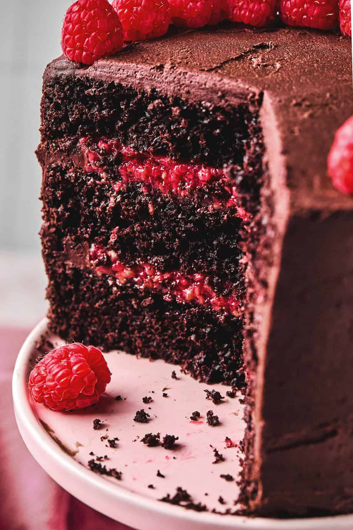 Raspberry filling and chocolate cake layers up close.