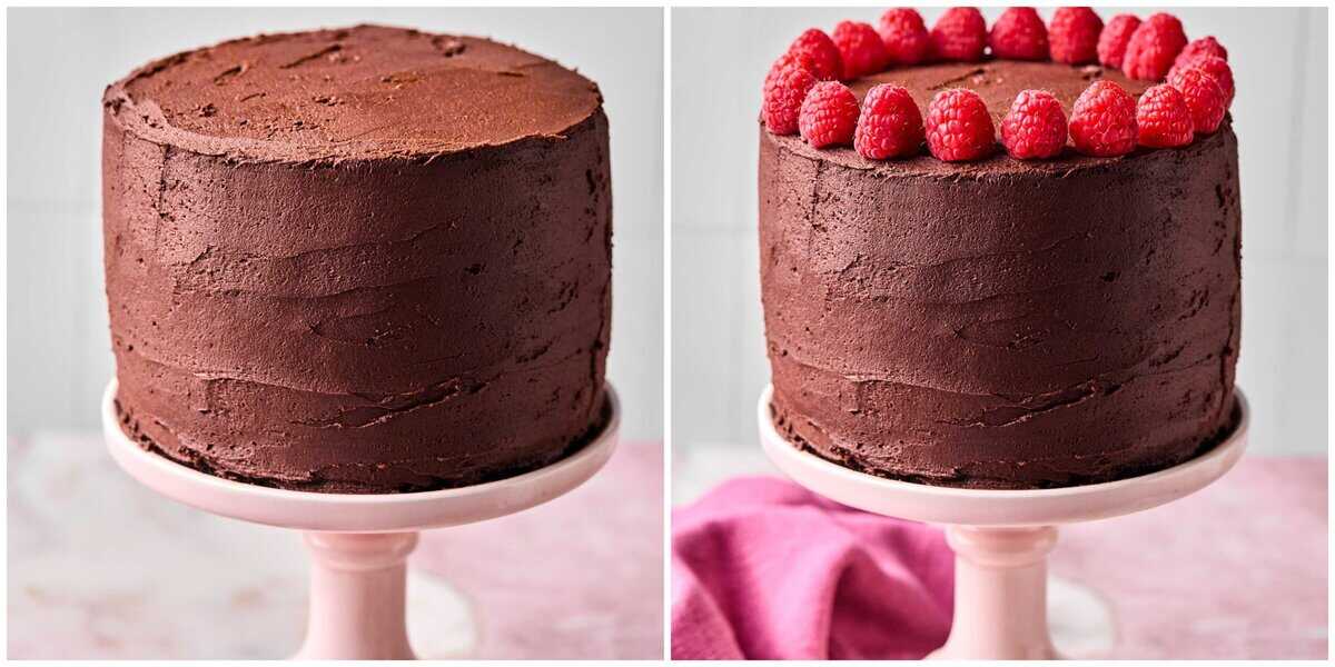 Steps 11-12 for preparing raspberry chocolate cake recipe.