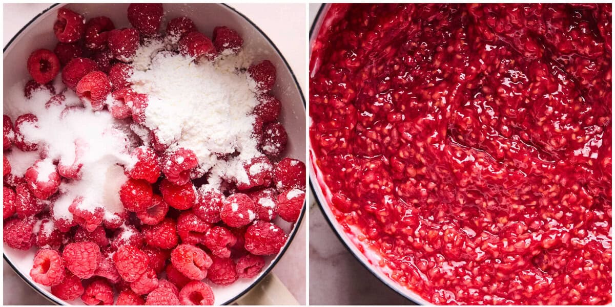 Two steps of making raspberry cake filling.