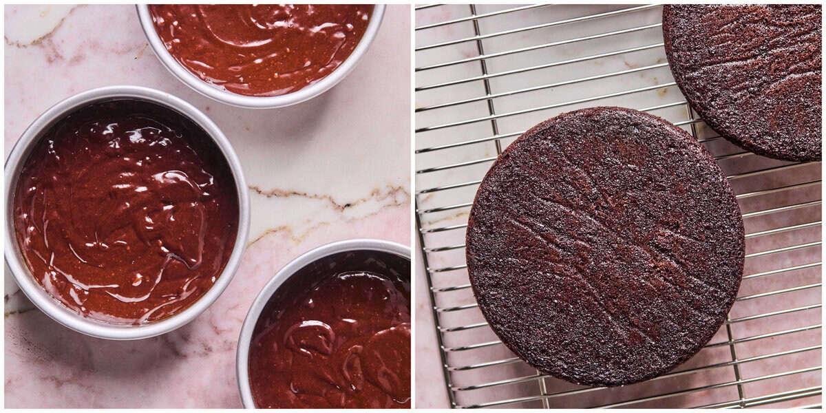 unbaked and baked chocolate cakes side by side.