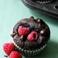 Moist chocolate muffins stuffed with juicy red raspberries!