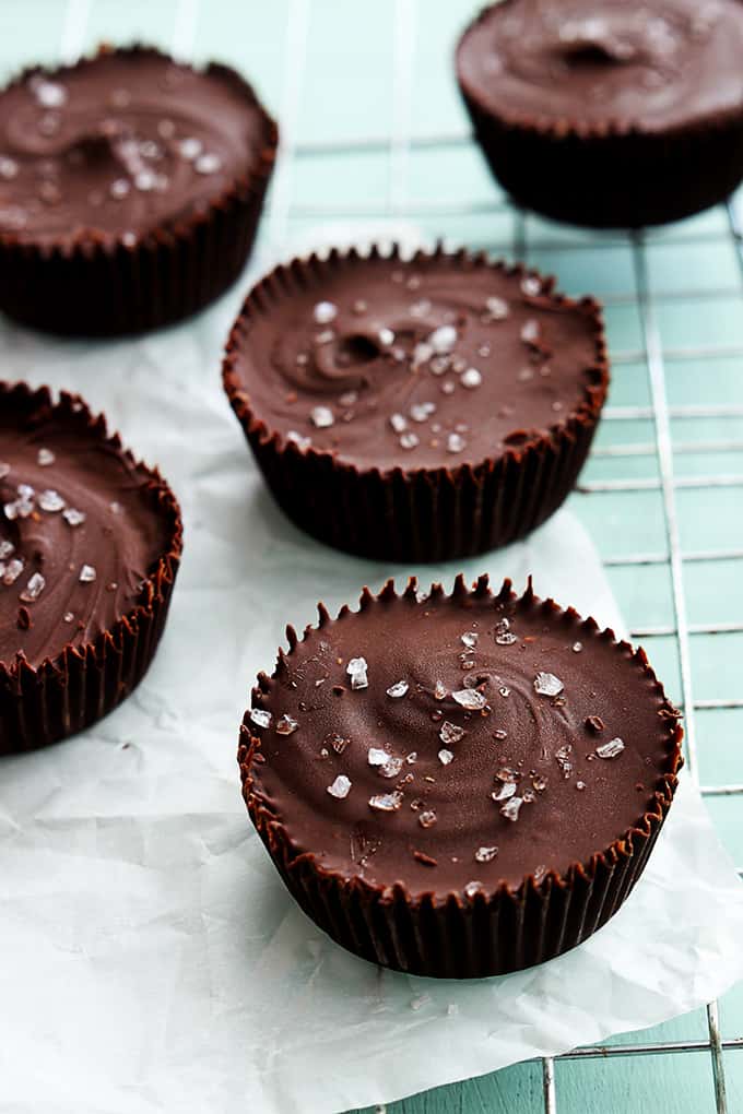 salted caramel cups on a cooling rack.