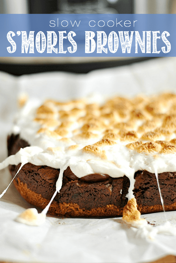 slow cooker s'mores brownies with the title of the recipe written across the top of the image.