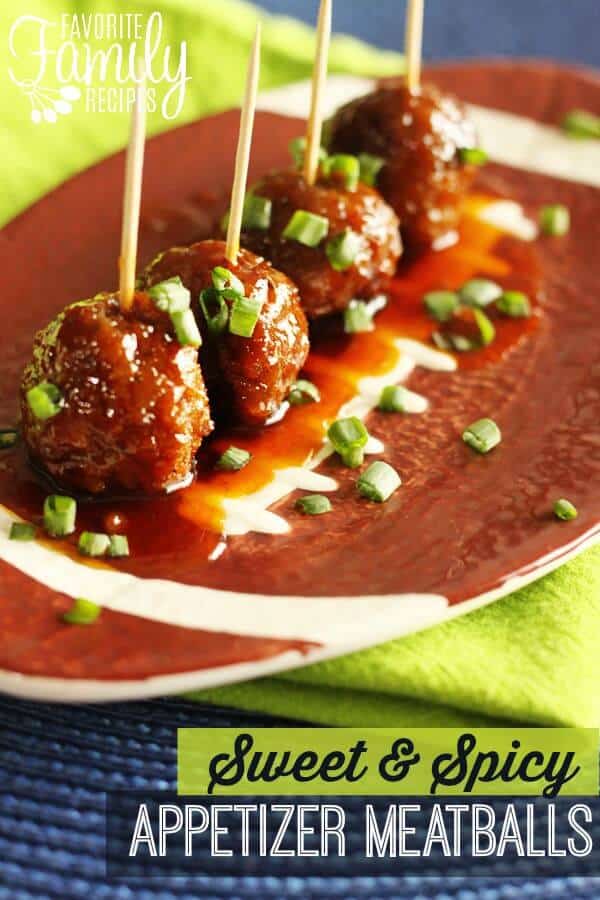 sweet & spicy appetizer meatballs on a football plate with the title of the recipe written on the bottom right corner of the image.