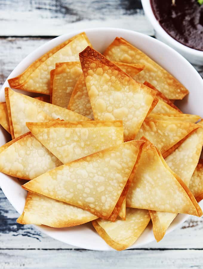 top view of a bowl of wontons.