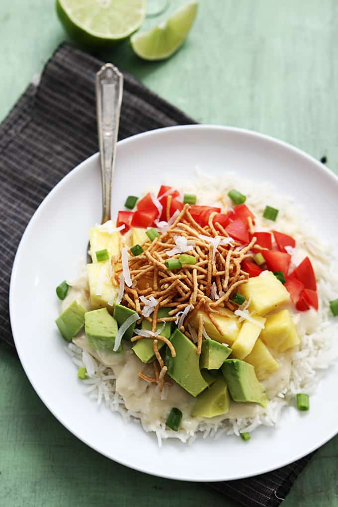 close up of slow cooker Hawaiian haystacks on a plate.