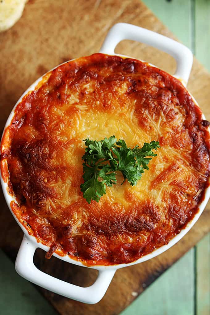 top view of lasagna dip in a serving bowl.