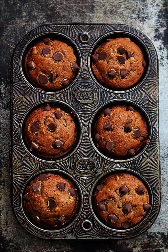 top view of pumpkin chocolate chip muffins in a muffin tin.