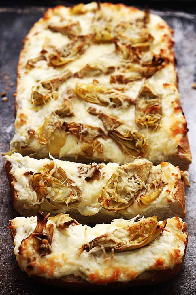 top view of roasted garlic artichoke bread.