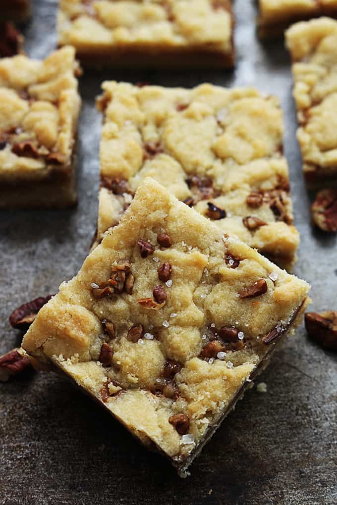 close up of salted caramel pecan butter bars.