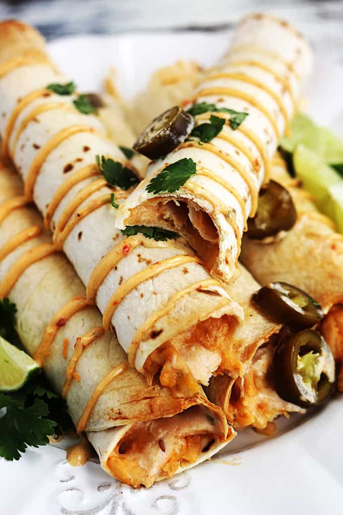 close up of slow cooker creamy chipotle chicken taquitos on a plate with a bite missing from the top taquito.