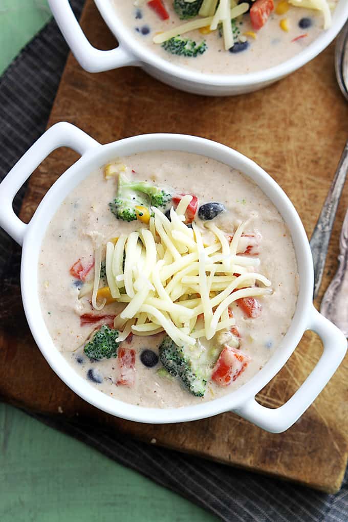 top view of a bowl of southwest broccoli chowder.