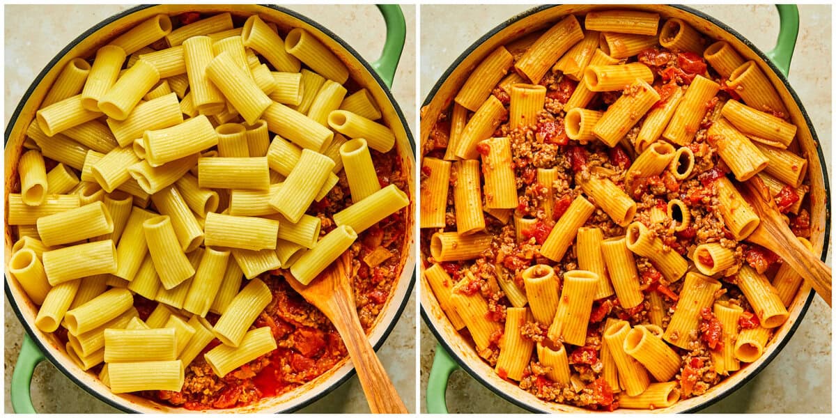 Step 7 for preparing creamy burrata pasta with sausage.