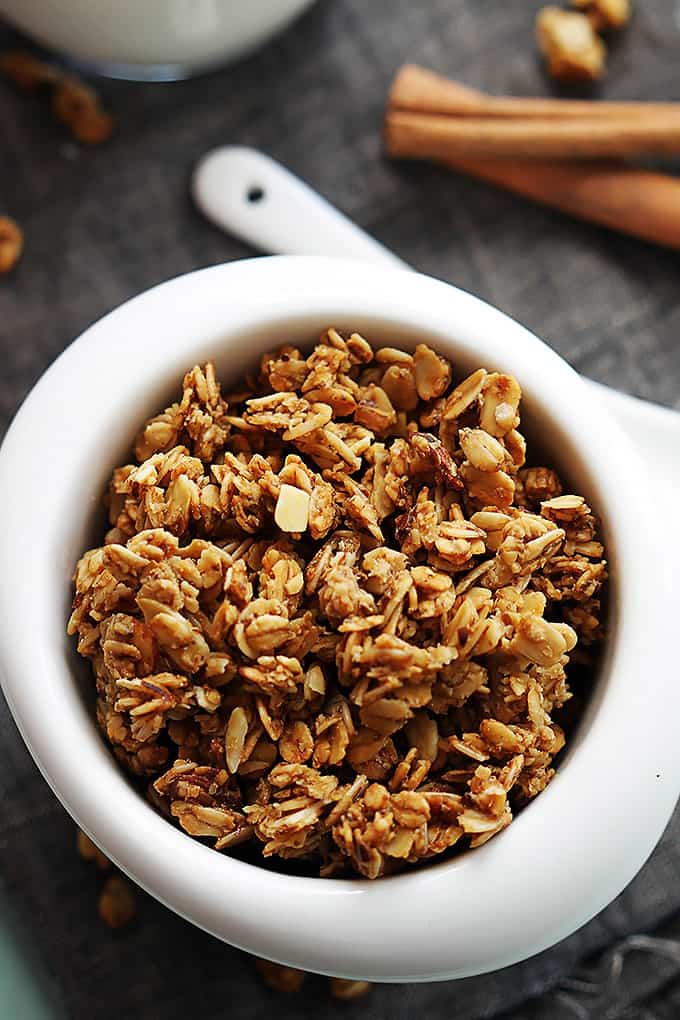 top view of cinnamon pumpkin granola in a bowl.