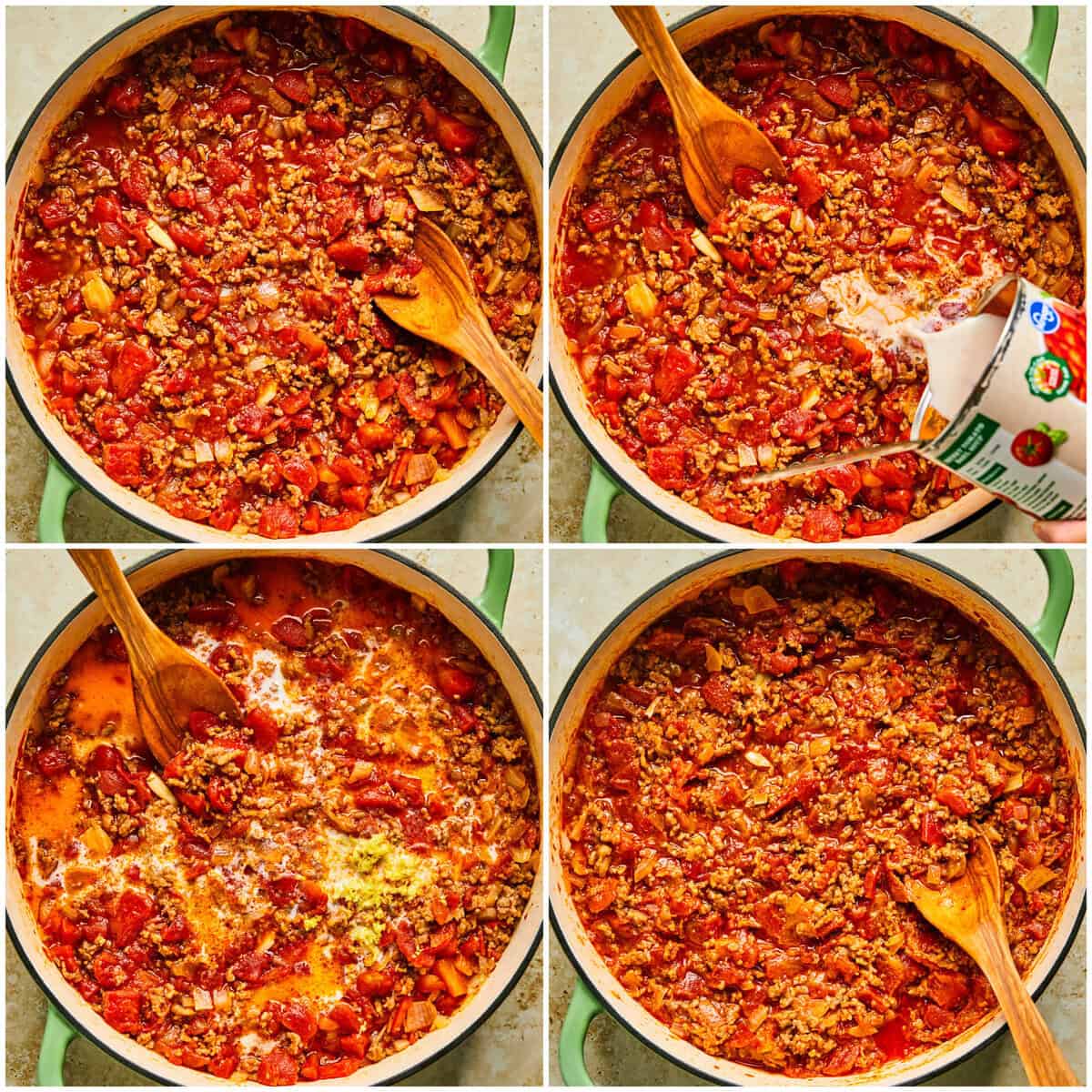 Step 5 for preparing creamy burrata pasta with sausage.