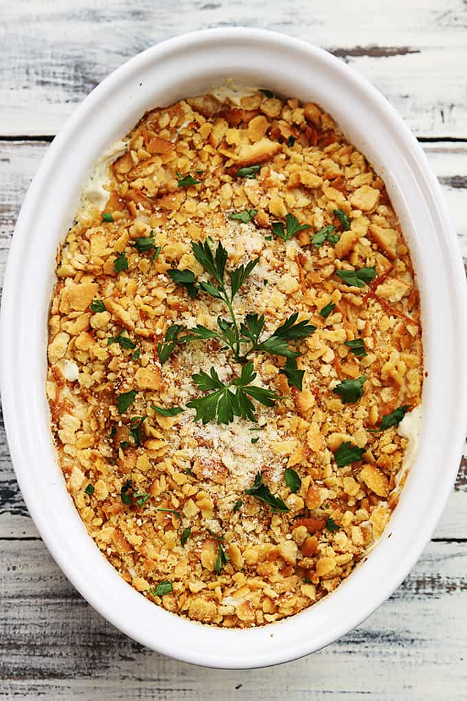 top view of poppy seed chicken casserole in a serving dish.