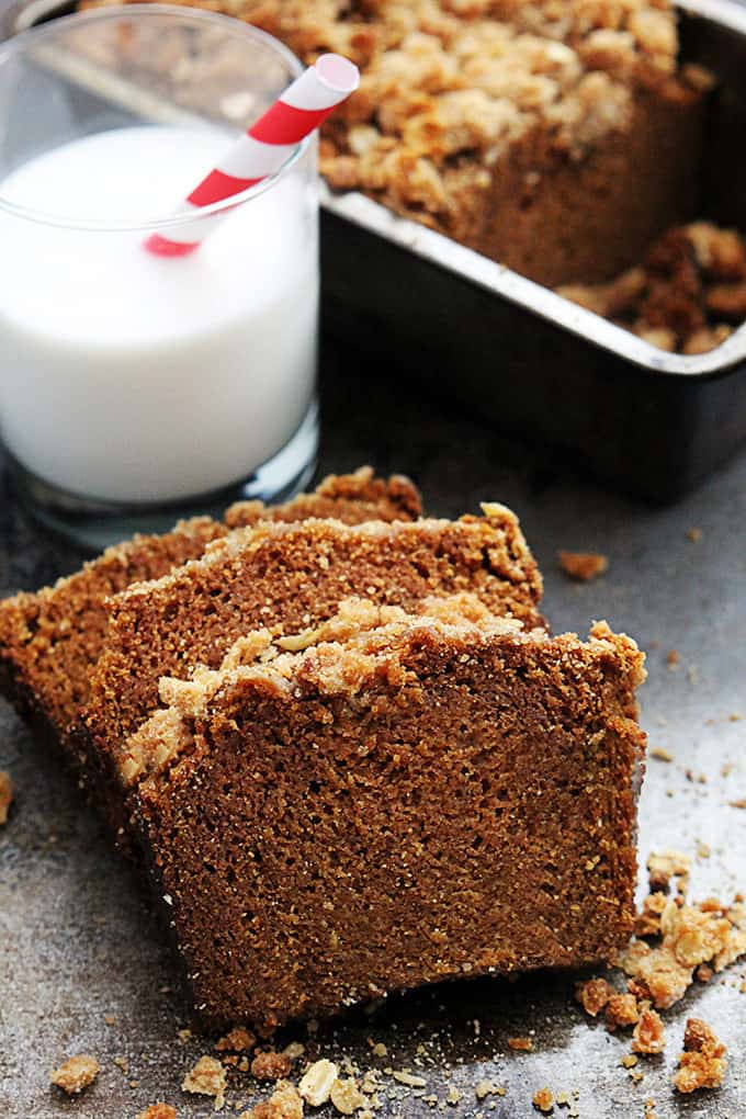 slices of cinnamon streusel pumpkin bread with a glass of milk and the rest of the loaf of bread in a bread pan in the background.