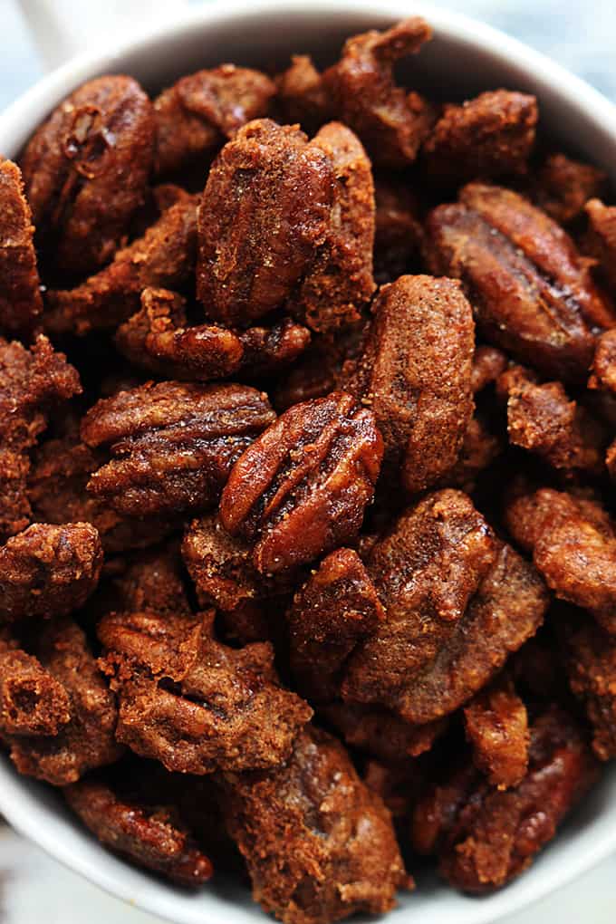 top view of slow cooker cinnamon pecans in a bowl.