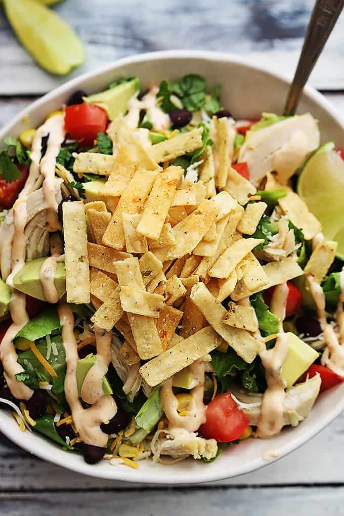 top view of leftover turkey taco salad in a bowl.