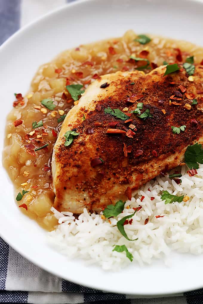 close up of Bahama mam chicken with rice on a plate.