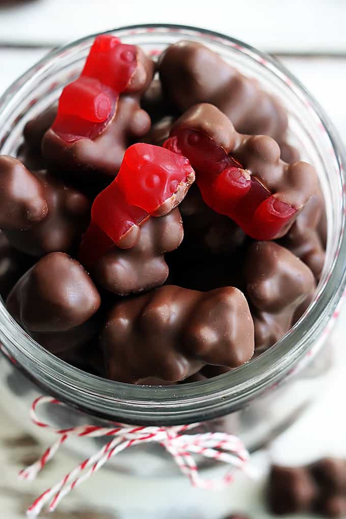 top view of chocolate covered cinnamon bears in a jar.