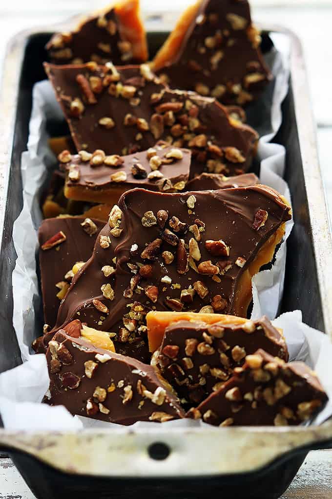 easy homemade English toffee in a bread pan.