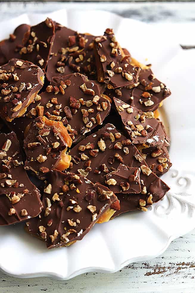 easy homemade English toffee on a plate.