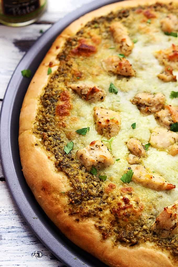 close up of pesto chicken pizza.