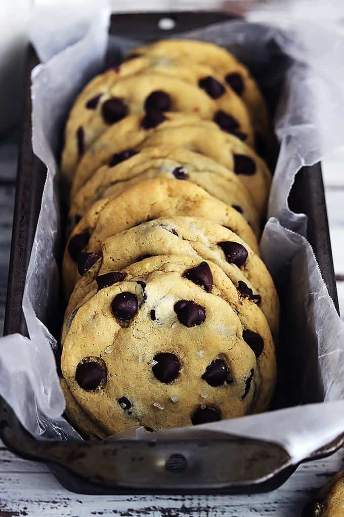 salted caramel chocolate chip cookies in a bread pan.