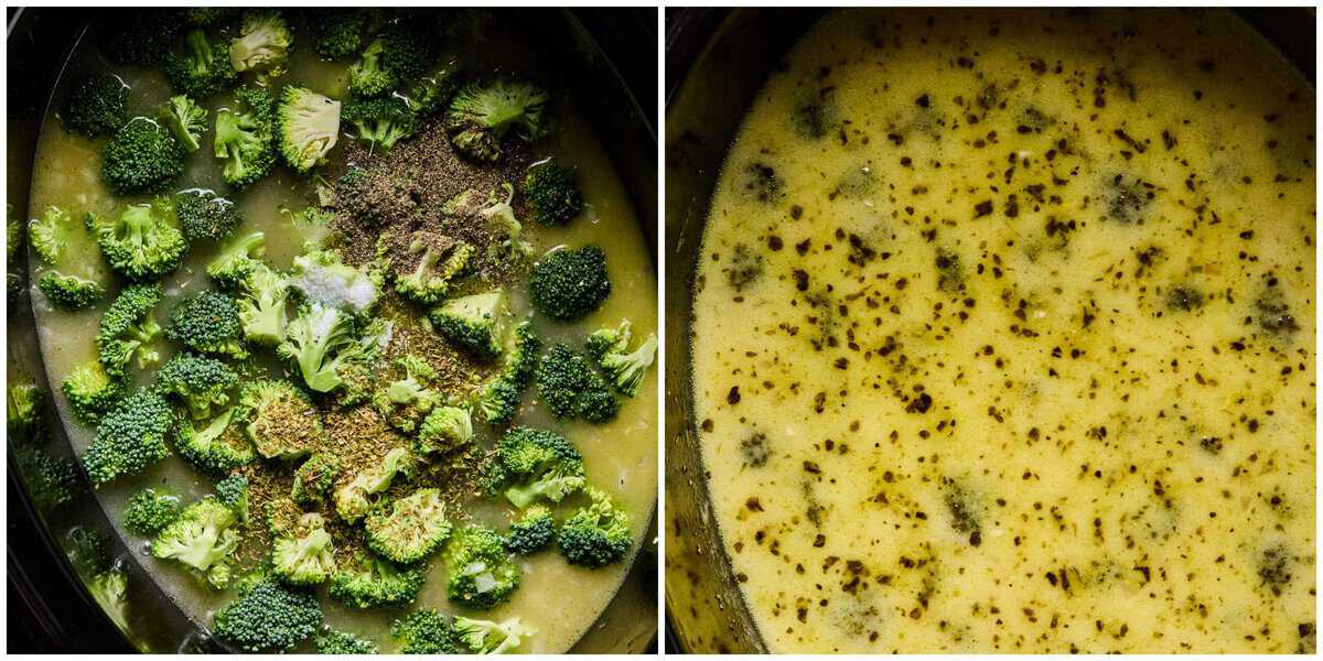 Steps 3-4 for prepping slow cooker broccoli cheddar cheese soup.