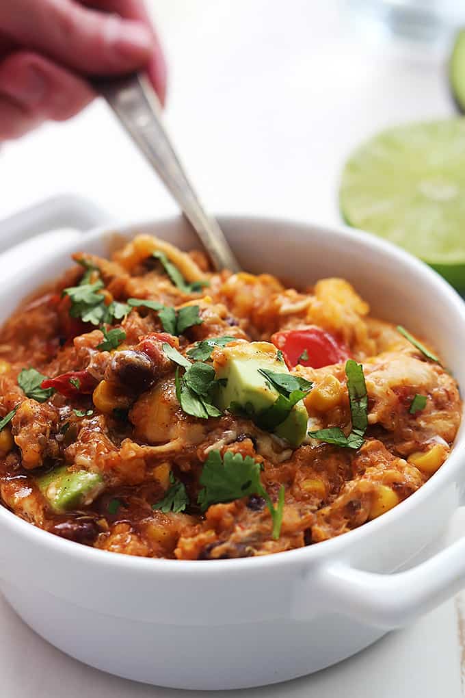 slow cooker enchilada quinoa in a bowl.