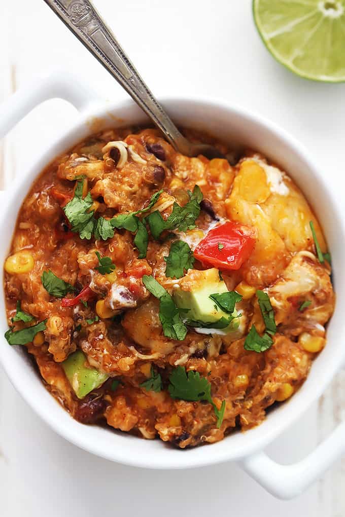 top view of slow cooker enchilada quinoa in a bowl.