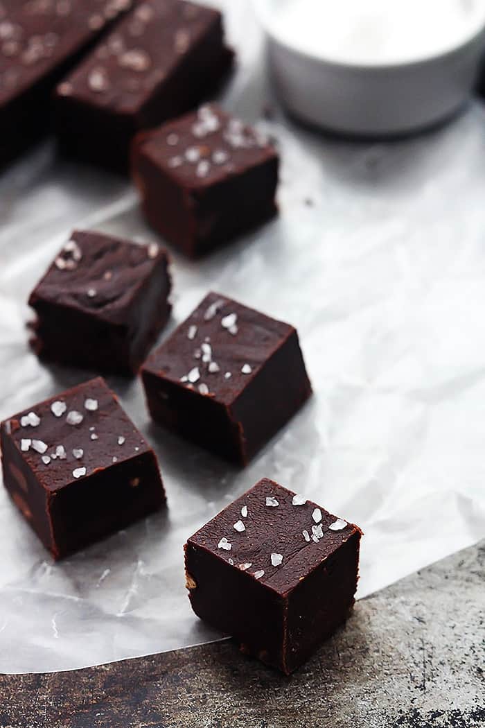 slow cooker fudge cut up in cubes.