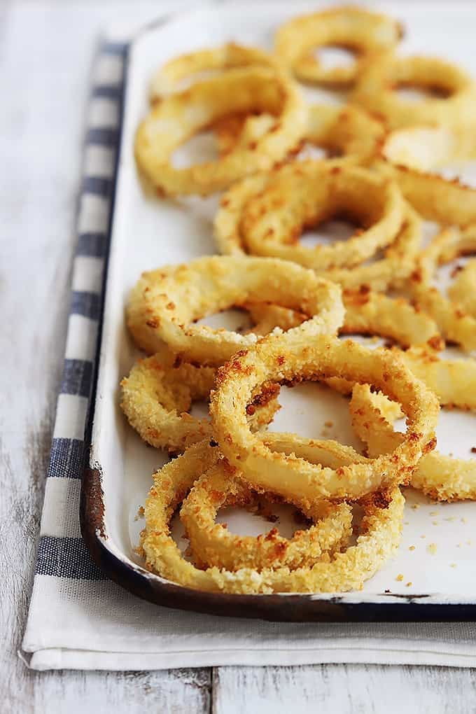 onion rings on a baking sheet.