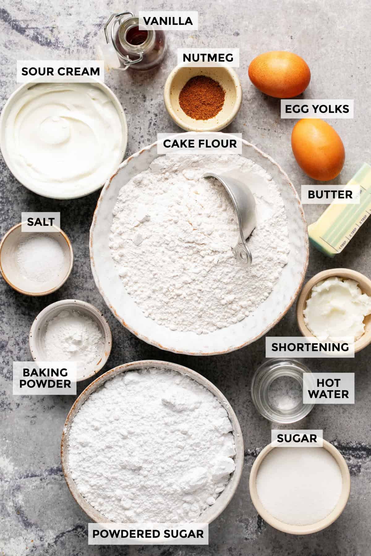Ingredients for old fashioned sour cream donuts.