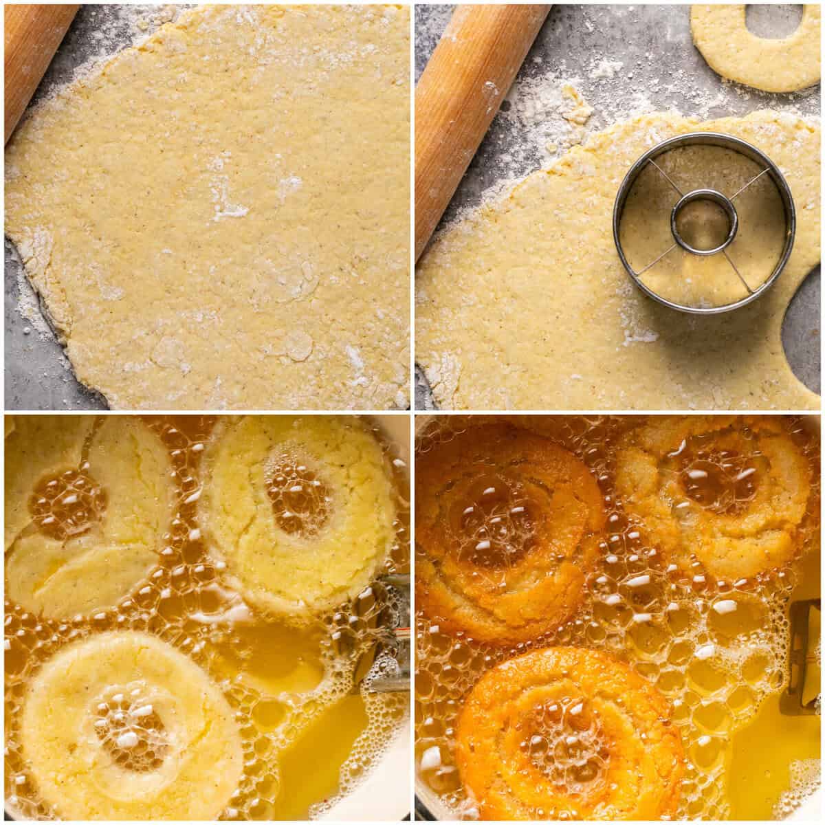 Steps 6-9 for prepping old fashioned sour cream donuts.