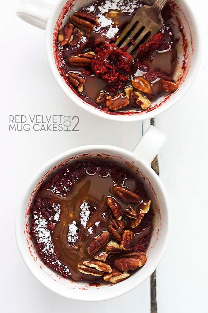 top view of red velvet mug cakes with the title of the recipe written on the left side of the image.